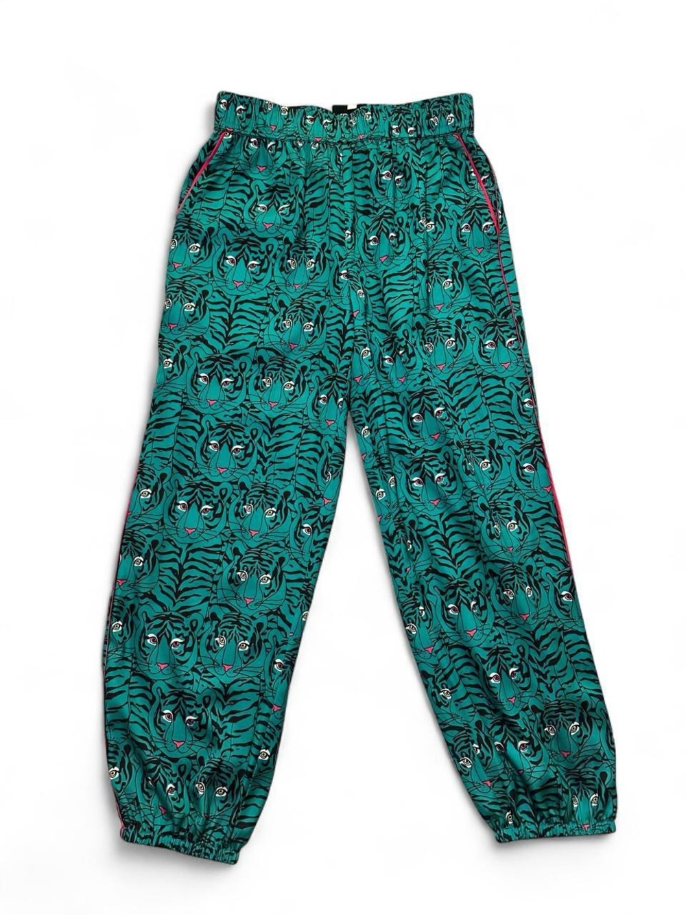 Alden Teal Tiger Face Print Jogger Balloon Harem Pants with Pink Trim
